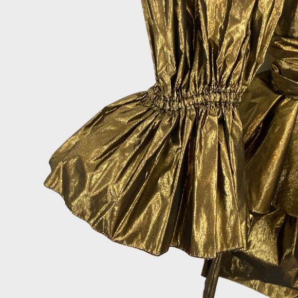 Dolce & Gabbana NWT Gold Bronze Metallic Tie Neck Ruffle Mini Dress Size 38 - Picture 5 of 11